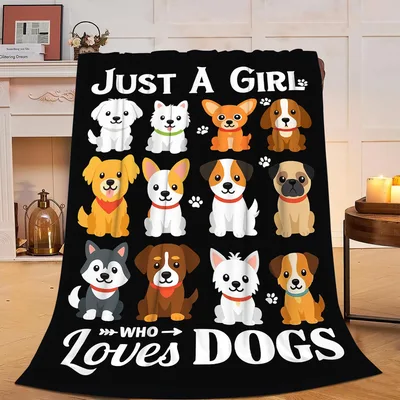 Just a Girl Blanket Featuring Cartoon Puppies and Bold Text