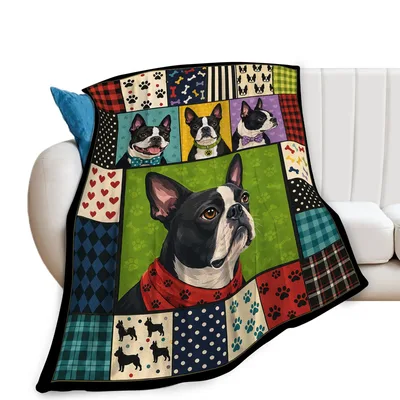 Boston Terrier Patchwork Dogs Blanket: Quilt-Style Art