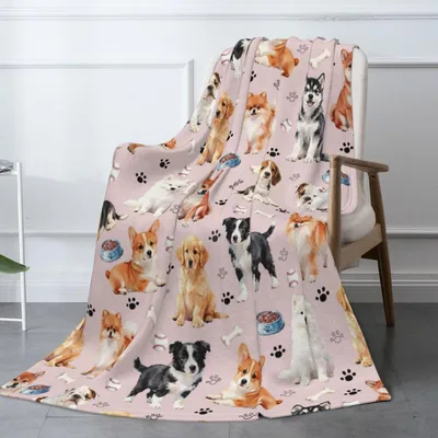 Dog Breeds Pink Pattern Blanket: A Collage of Pups and Toys
