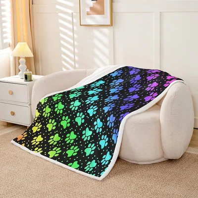 Rainbow Paw Prints Pattern Blanket: Vibrant Feline Footsteps on Black