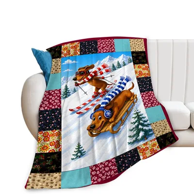 Dachshund Skiing Winter Scene Blanket features playful