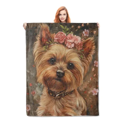 Yorkshire Terrier with Flowers Blanket: Floral Dog Art