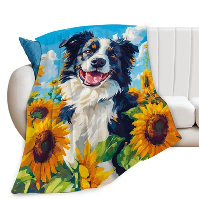Border Collie with Sunflowers Blanket: Joyful Canine Art