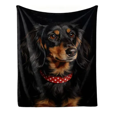 Dachshund Portrait Blanket featuring a realistic long-haired black