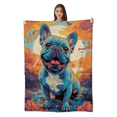 Painted French Bulldog Sunset Blanket: Vibrant Blue Art Design