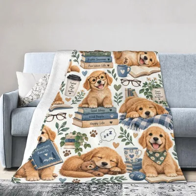Puppies Reading Books Collage Blanket for Bookish Dog Lovers