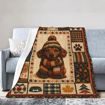 Dachshund in Knit Hat Blanket: Warm Autumn Quilt Design