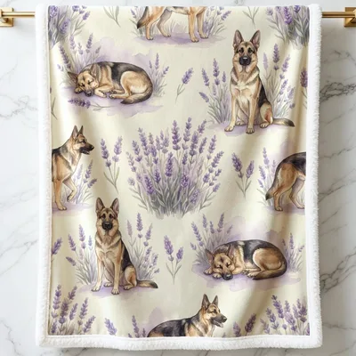 German Shepherd Dogs in Lavender Blanket: A Serene Canine Print
