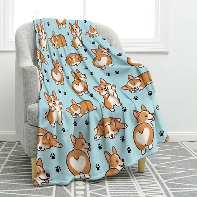 Corgi Pawprint Pattern Blanket features cute cartoon puppies