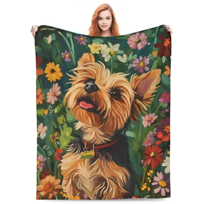 Yorkie Dog Among Flowers Blanket: Yorkshire Terrier in Wildflowers