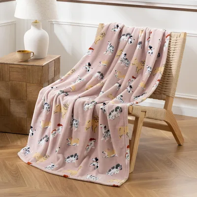 Cartoon Puppies Pattern Blanket: Playful Dog Illustrations on Pink