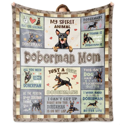 Doberman Mom Typography Collage Blanket featuring humorous quotes