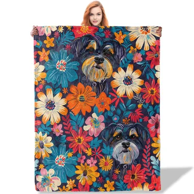 Schnauzer Dogs Among Flowers Blanket: Floral Pet Portrait Throw