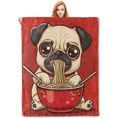 Pug Eating Noodles Cartoon Blanket: Cute Dog Slurping Noodle Art