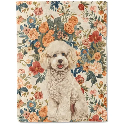 Poodle Among Vintage Florals Blanket: Curly White Dog and Roses