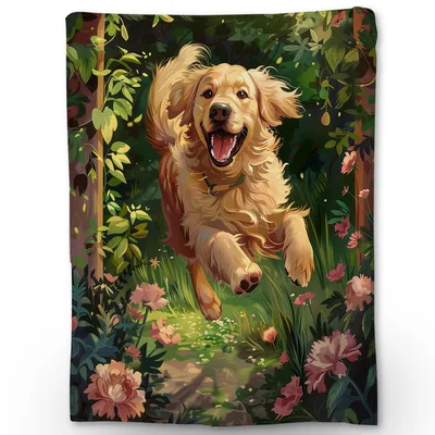 Golden Retriever Running Blanket: Joyful Dog in a Flower Garden