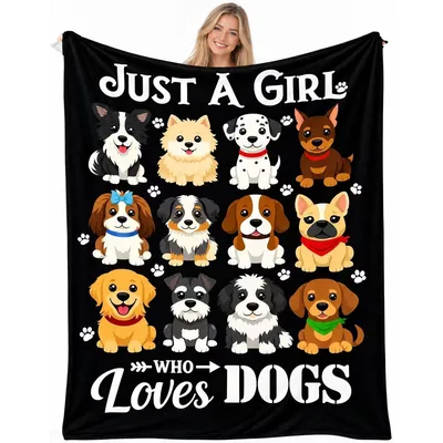 Just a Girl Blanket Featuring Twelve Cartoon Dog Breeds