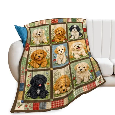Goldendoodle Puppies in Patchwork Blanket: Quilt-Style Dog Art