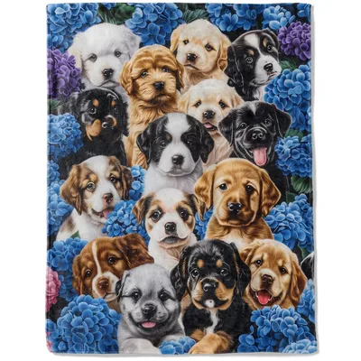 Cute Puppies Among Blue Blanket: Hydrangea Dog Design