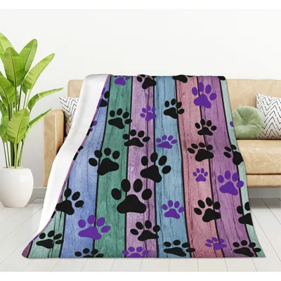 Dog Paw Prints on Rustic Blanket: Rainbow Woodgrain Design