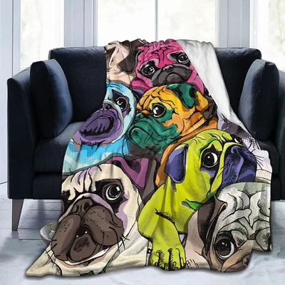 Colorful Pug Faces Pattern Blanket: Vibrant Pop Art Dog Design