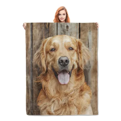 Golden Retriever Portrait Blanket: Happy Dog on Rustic Wood Background