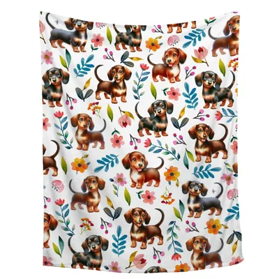 Dachshund Floral Pattern Blanket: Cute Dogs and Flowers
