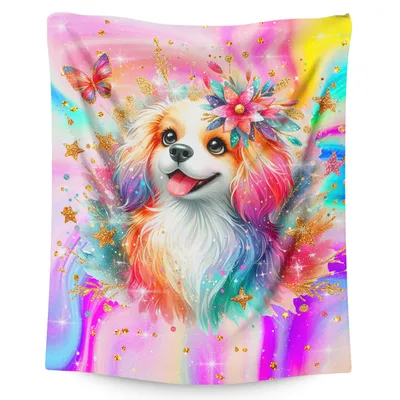 Colorful Fluffy Dog Art Blanket: Rainbow Poodle with Floral Crown