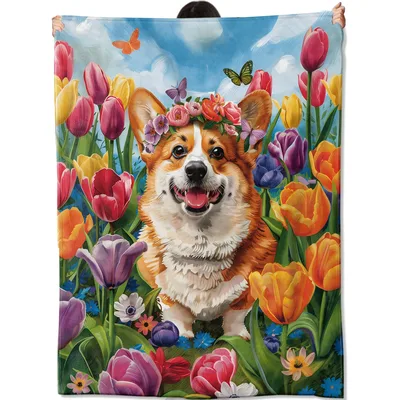 Corgi in Tulip Garden Blanket: A Happy Dog Wearing a Flower Crown