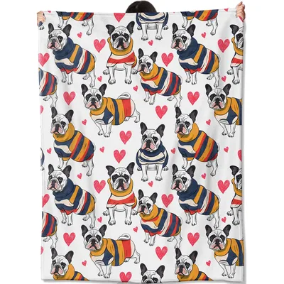 French Bulldog Pattern Blanket: Striped Sweater Dogs with Hearts