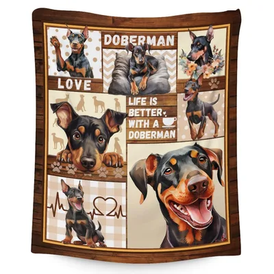 Doberman Love Life Blanket: Collage of Pups and Rustic Text