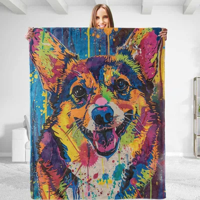 Colorful Dog Painting Art Blanket: Vibrant Corgi Portrait