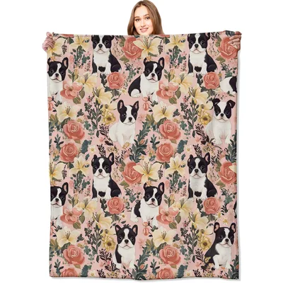 Boston Terrier Vintage Floral Blanket: Cute Dog and Retro Pink Throw
