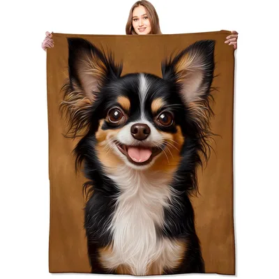 Happy Chihuahua Portrait Blanket: Lifelike Smiling Dog Face Art
