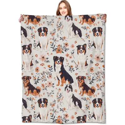 Australian Shepherd Dog Floral Blanket featuring tricolor canines