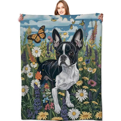 Boston Terrier Wildflower Meadow Blanket featuring a black