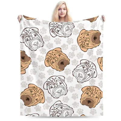 Shar Pei Dog Faces Blanket: Wrinkled Breed Pattern for Lovers