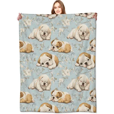 Sleeping Puppies Floral Pattern Blanket: Cozy Bulldog Design