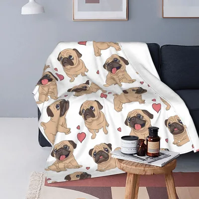 Cute Pug Dogs Pattern Blanket for Puppies and Heart Lovers
