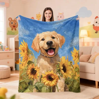 Golden Retriever in Sunflowers Blanket: Happy Puppy Art for Dog Lovers