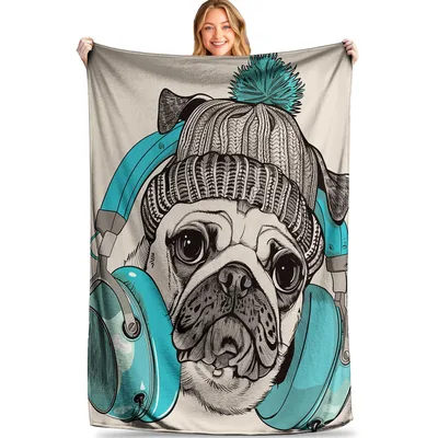 Pug in Beanie Blanket: Cozy Pug with Teal Headphones Design