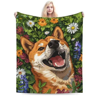 Shiba Inu Dog Blanket: Joyful Canine in a Garden of Wildflowers