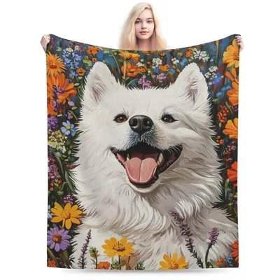 Samoyed Dog with Flowers Blanket: Joyful White Canine in Wildflowers