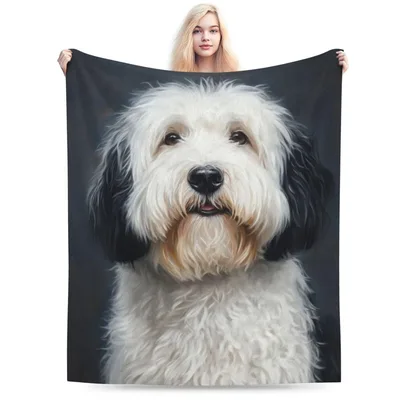 Old English Sheepdog Portrait Blanket: Fluffy Bearded Face Art