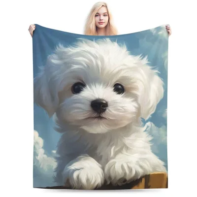 Fluffy White Maltese Puppy Blanket: Adorable Paws and Clouds