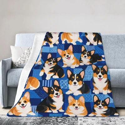 Corgi Patchwork Pattern Blue Blanket: A Quilt of Happy Dogs