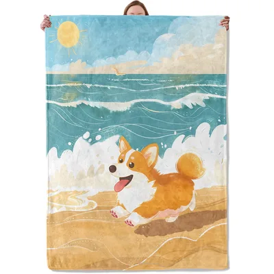 Corgi Running on Beach Blanket: Joyful Coastal Corgi Design