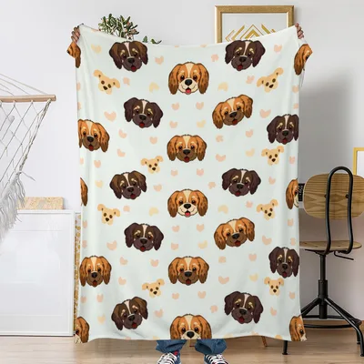 Cute Dogs Heart Pattern Blanket: Fluffy Dog Faces and Beige Hearts