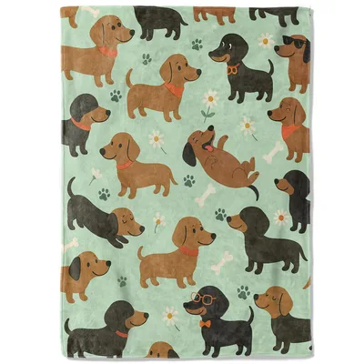Dachshund Pattern on Mint Blanket featuring playful sausage dogs