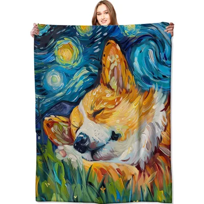 Corgi Starry Night Painting Blanket: Van Gogh Inspired Corgi Art